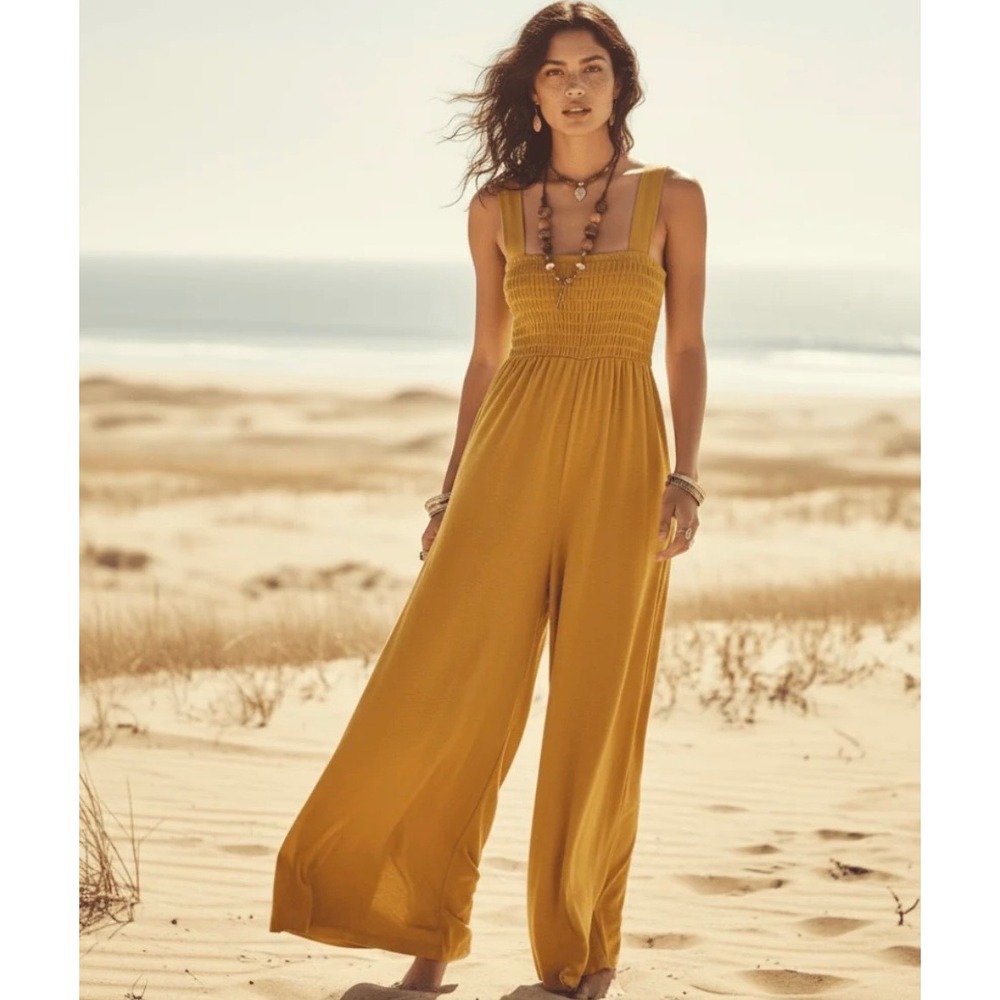 Free People Beach Homecoming Jumper Mustard wide leg XS